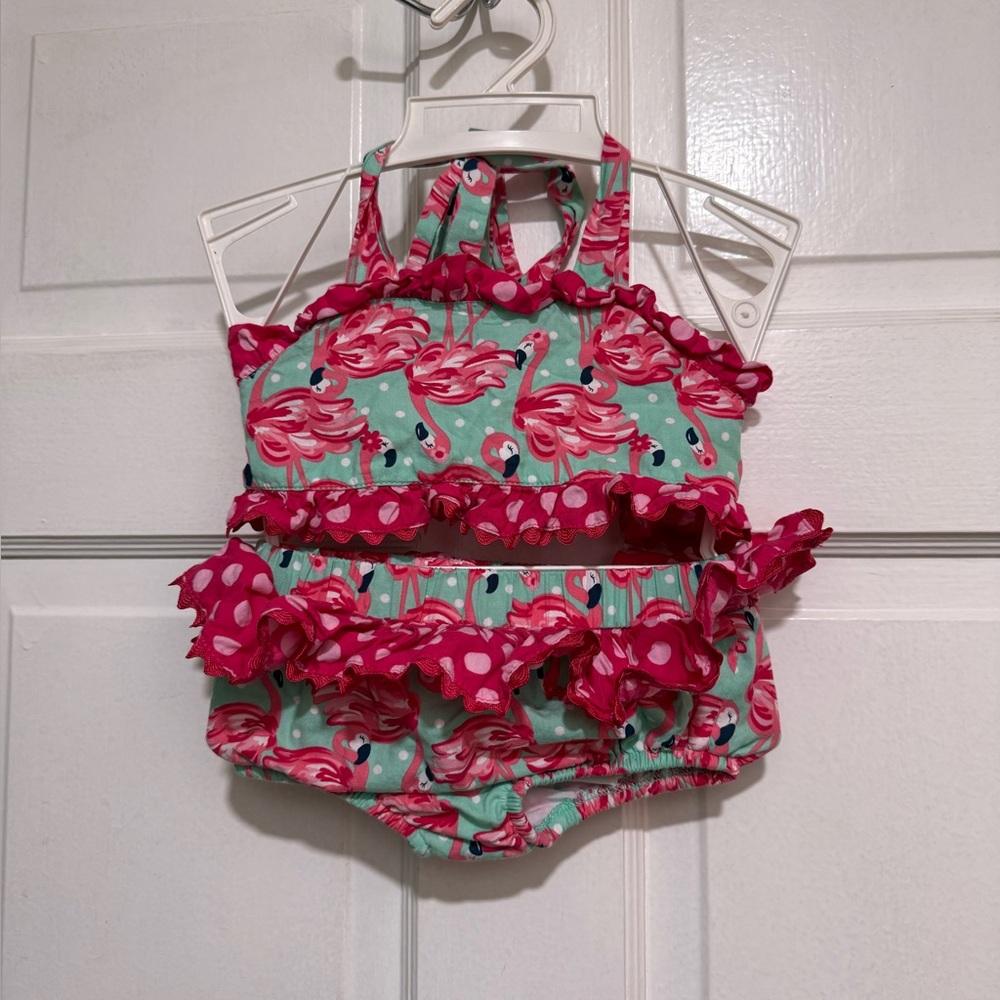 18M Toddler Girl Two Piece Swimsuit Flamingo Teal Ruffles Polka Dots Pink